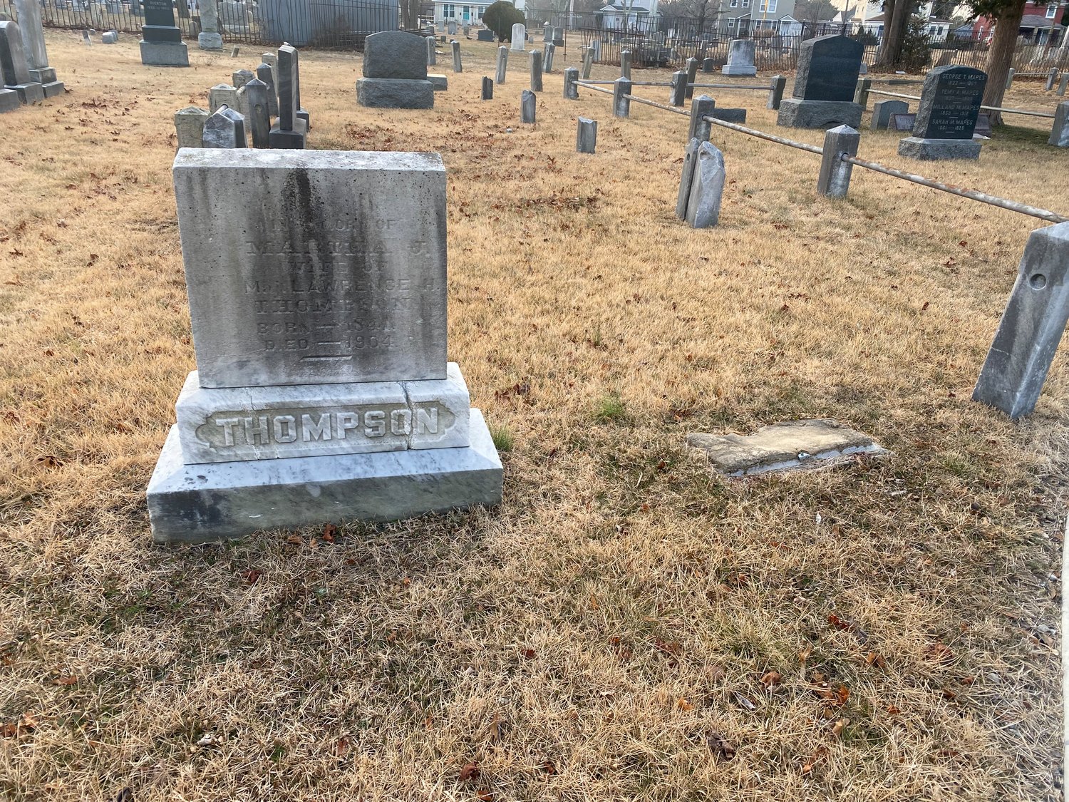 Maj. Thompson’s wife’s gravestone with the empty spot, presumed to be her husband, on the right.